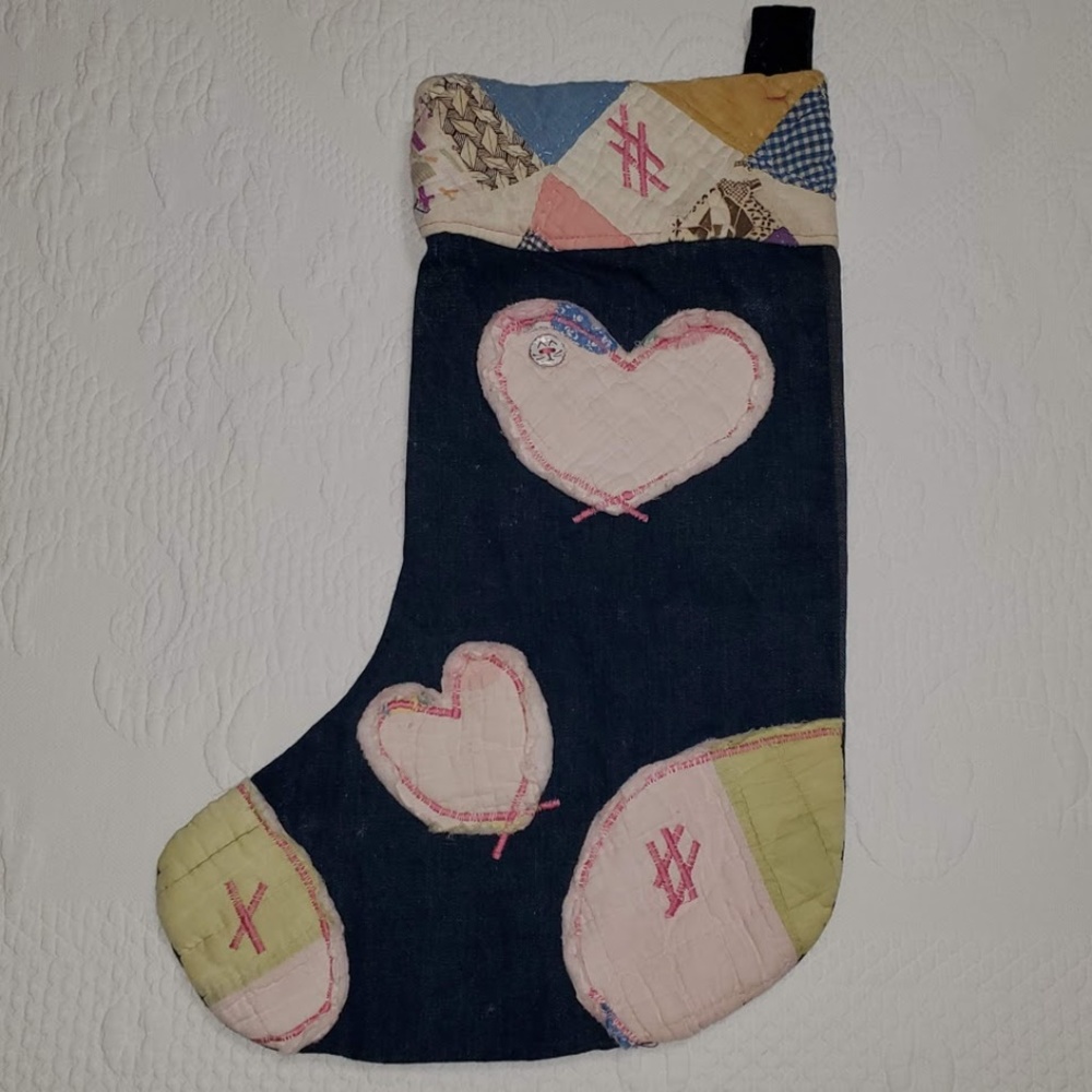 Handmade Christmas Stocking Quilt and Denim Cat
